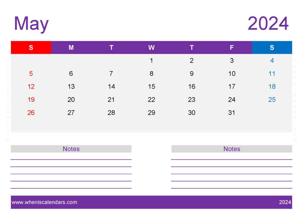 Download Free Printable Calendar 2024 May A4 Horizontal 54220