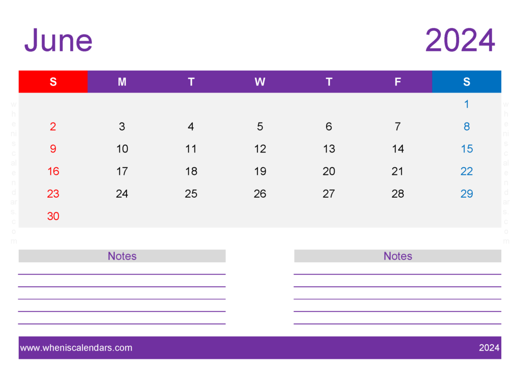 Download Free Printable Calendar 2024 June A4 Horizontal 64220
