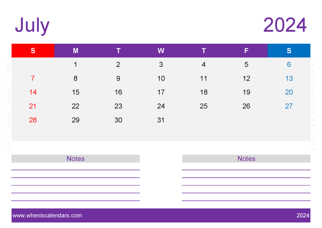 Download Free Printable Calendar 2024 July A4 Horizontal 74220
