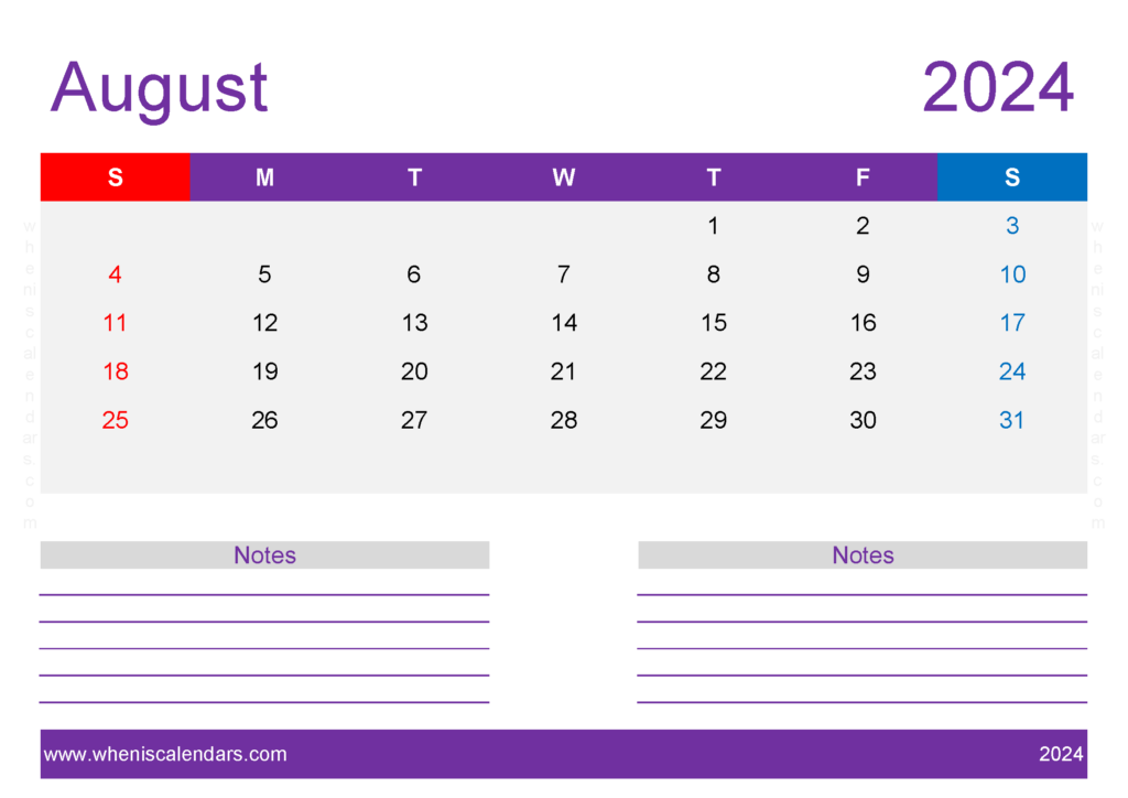 Download Free Printable Calendar 2024 August A4 Horizontal 84220