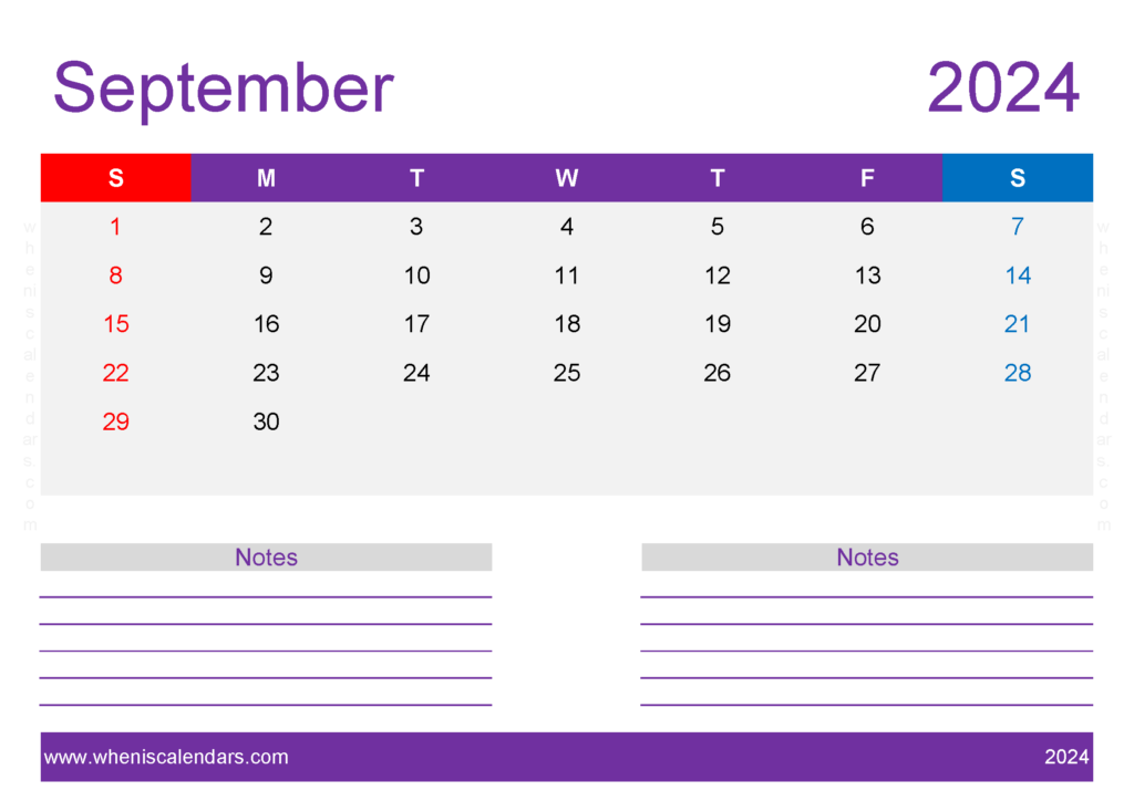 Download Free Printable Calendar 2024 September A4 Horizontal 94220
