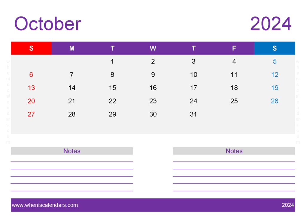 Download Free Printable Calendar 2024 October A4 Horizontal 104220