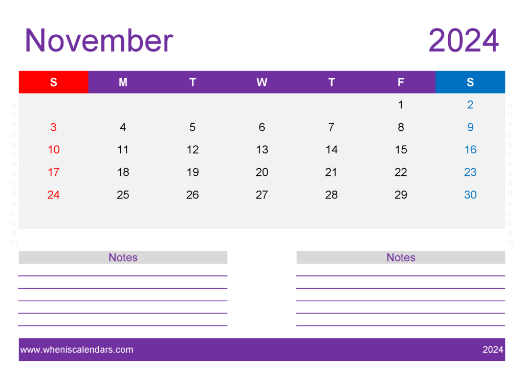 Download Free Printable Calendar 2024 November A4 Horizontal 114220