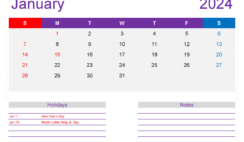Download January 2024 Calendar Template Free A4 Horizontal J4140