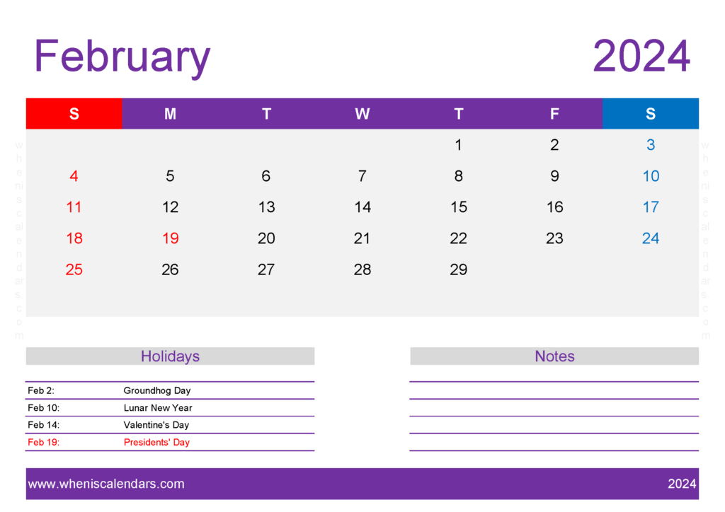 Download February 2024 Calendar Template Free A4 Horizontal 24140