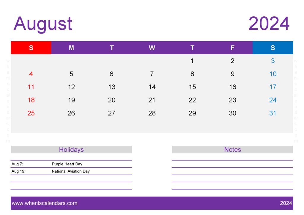 Download August 2024 Calendar Template Free A4 Horizontal 84140