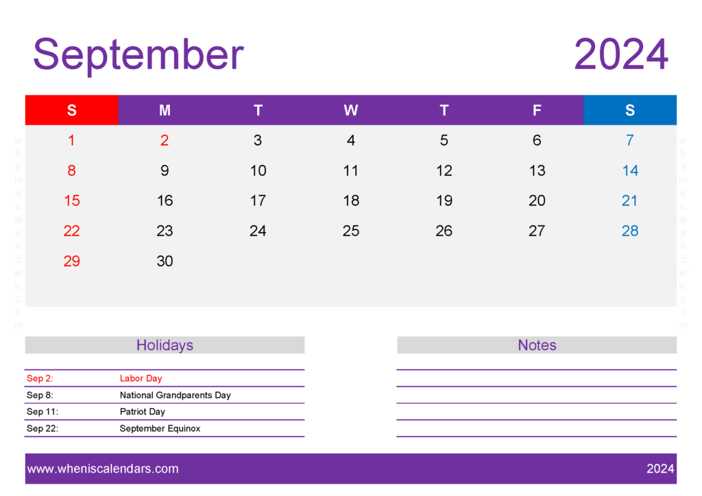 Download September 2024 Calendar Template Free A4 Horizontal 94140