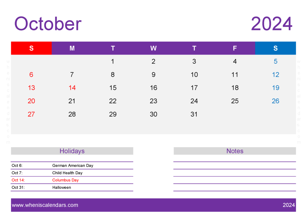 Download October 2024 Calendar Template Free A4 Horizontal 104140