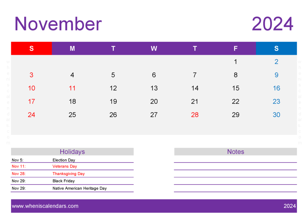 Download November 2024 Calendar Template Free A4 Horizontal 114140