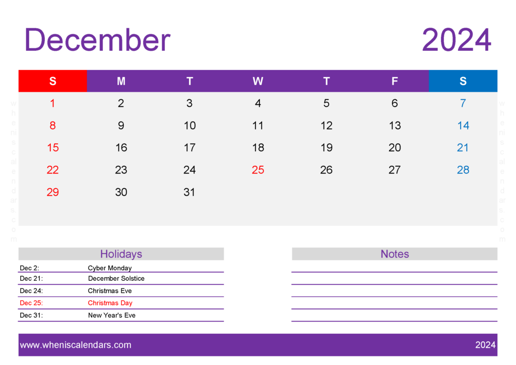Download December 2024 Calendar Template Free A4 Horizontal 124140
