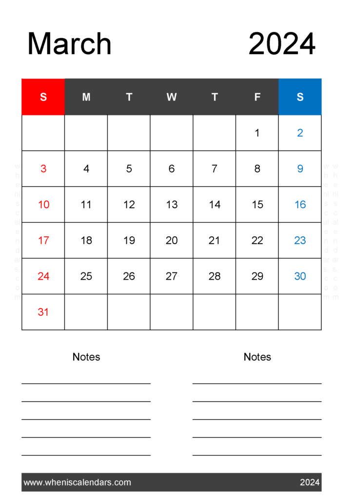 Download March 2024 A4 Calendar A4 Vertical 34221