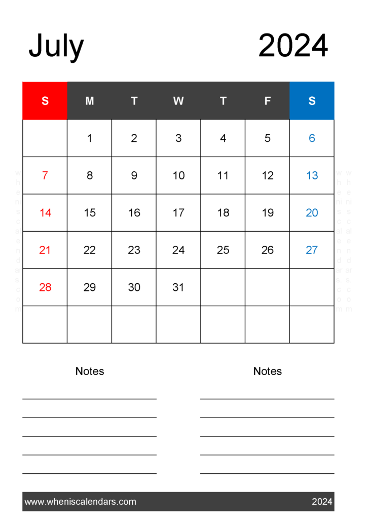 Download July 2024 A4 Calendar A4 Vertical 74221