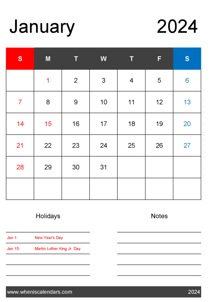 Download January 2024 Calendar with federal Holidays A4 Vertical J4141
