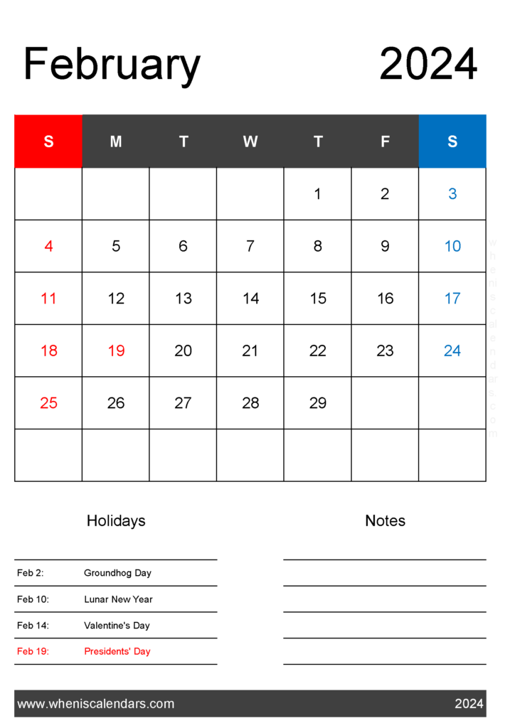 Download February 2024 Calendar with federal Holidays A4 Vertical 24141