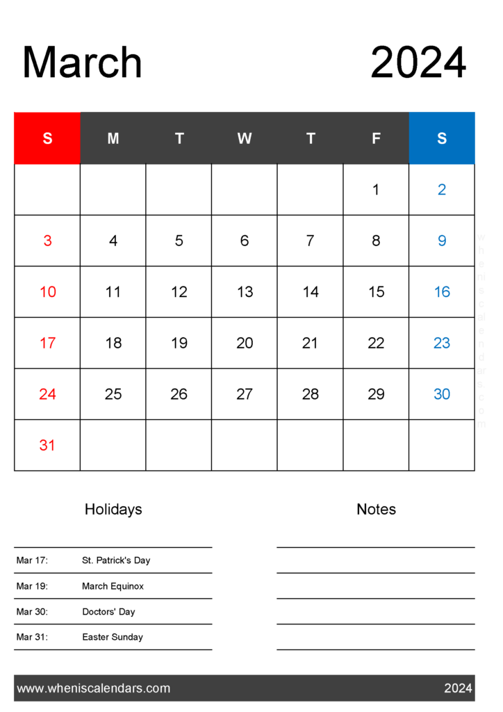 Download March 2024 Calendar with federal Holidays A4 Vertical 34141