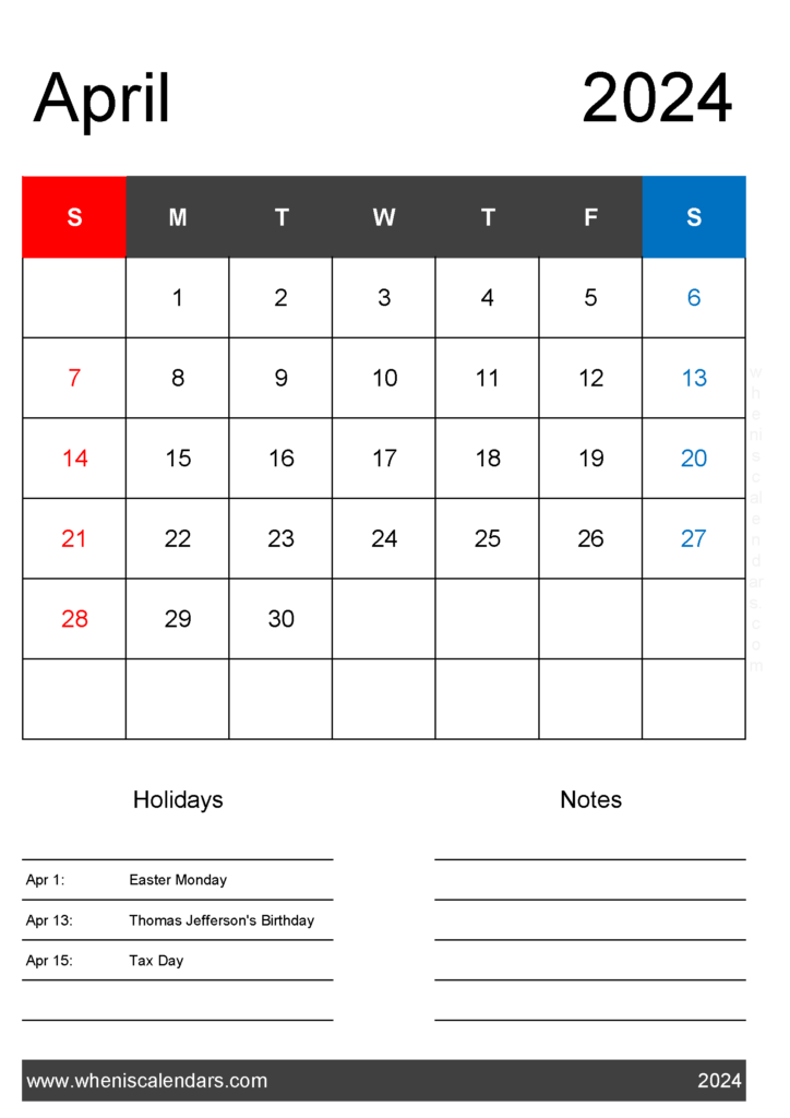 Download April 2024 Calendar with federal Holidays A4 Vertical 44141