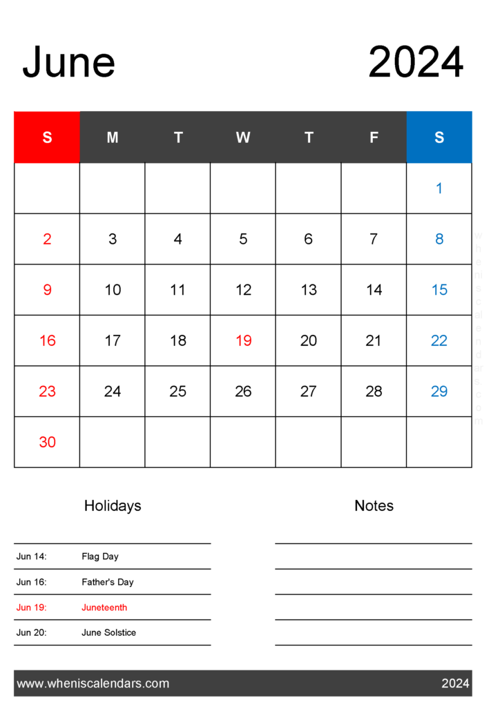 Download June 2024 Calendar with federal Holidays A4 Vertical 64141