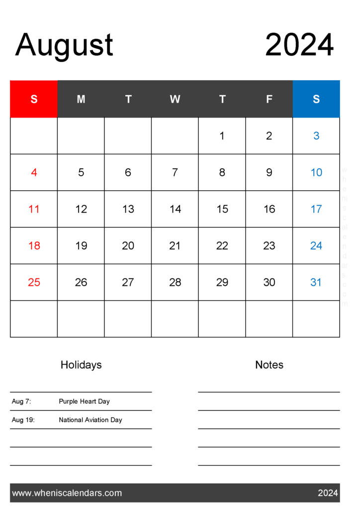 Download August 2024 Calendar with federal Holidays A4 Vertical 84141