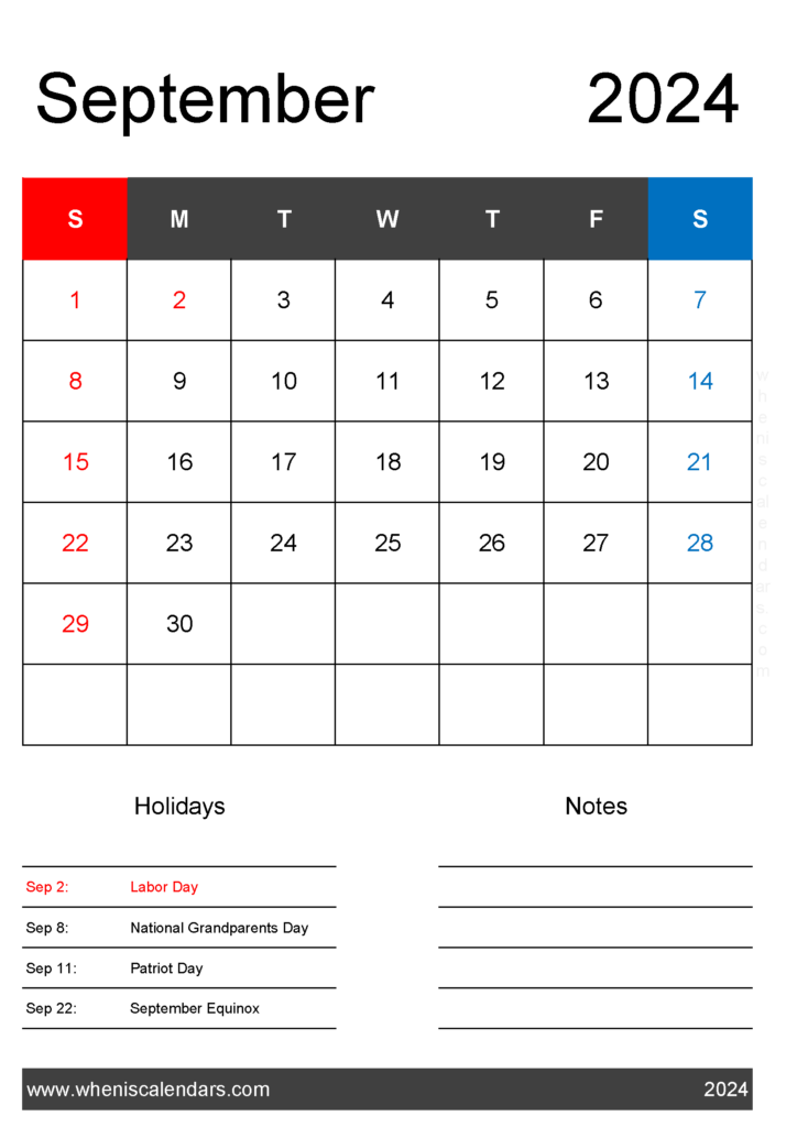 Download September 2024 Calendar with federal Holidays A4 Vertical 94141