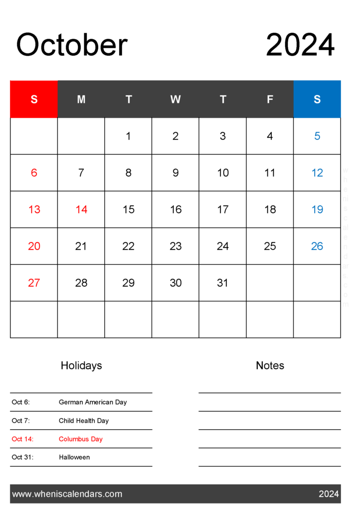 Download October 2024 Calendar with federal Holidays A4 Vertical 104141