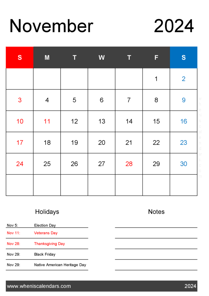 Download November 2024 Calendar with federal Holidays A4 Vertical 114141