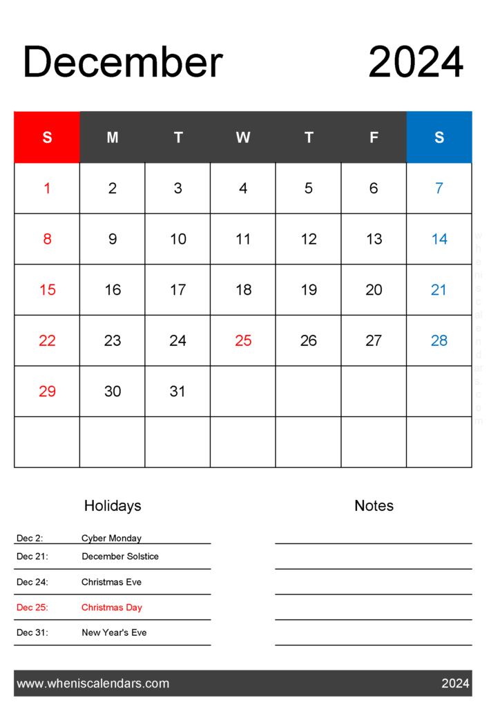 Download December 2024 Calendar with federal Holidays A4 Vertical 124141