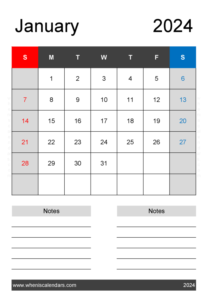 Download January weekly Calendar 2024 Printable A4 Vertical J4222