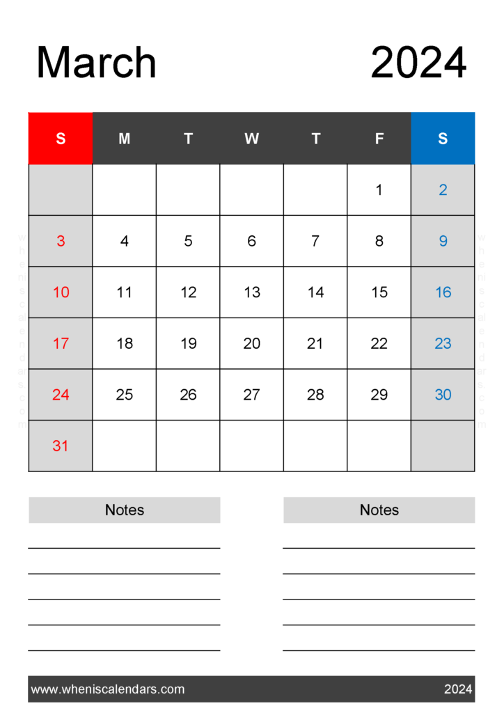 Download March weekly Calendar 2024 Printable A4 Vertical 34222