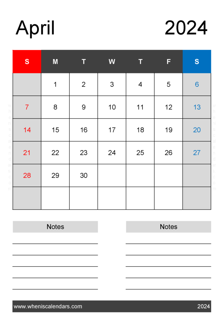 Download April weekly Calendar 2024 Printable A4 Vertical 44222
