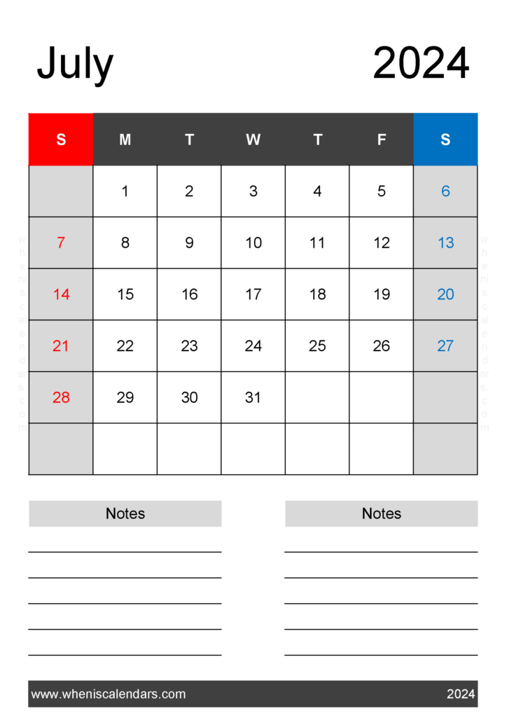 Download July weekly Calendar 2024 Printable A4 Vertical 74222