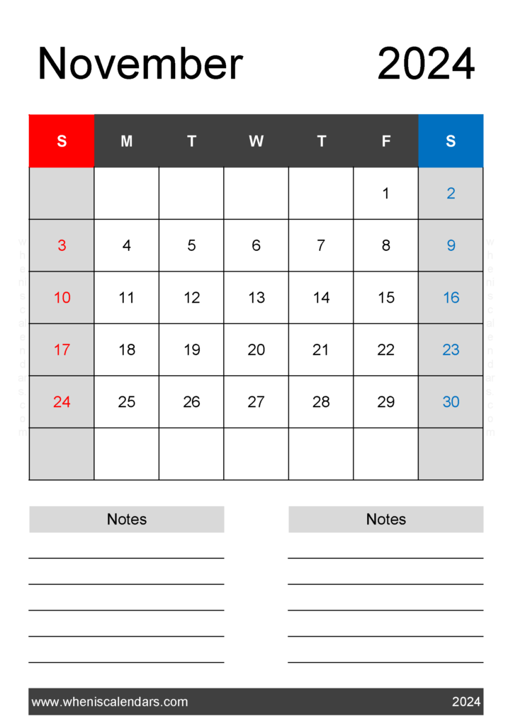 Download November weekly Calendar 2024 Printable A4 Vertical 114222