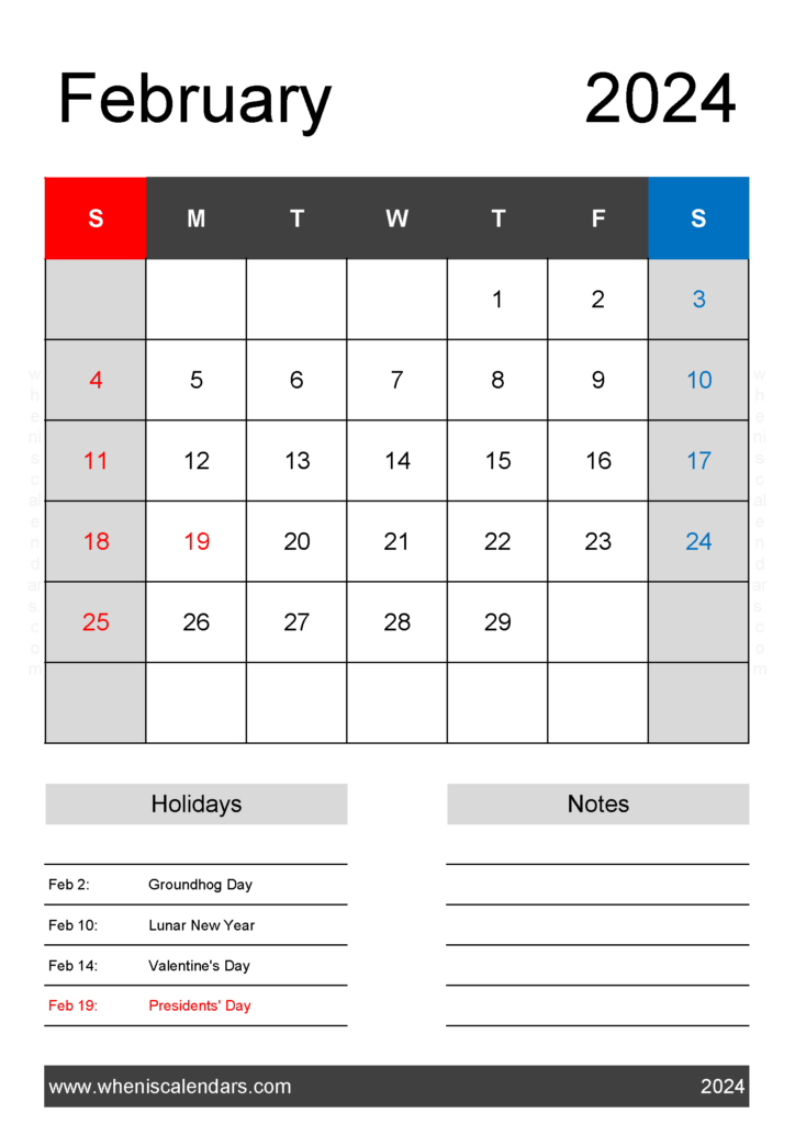 Download print February 2024 Calendar Template A4 Vertical 24142