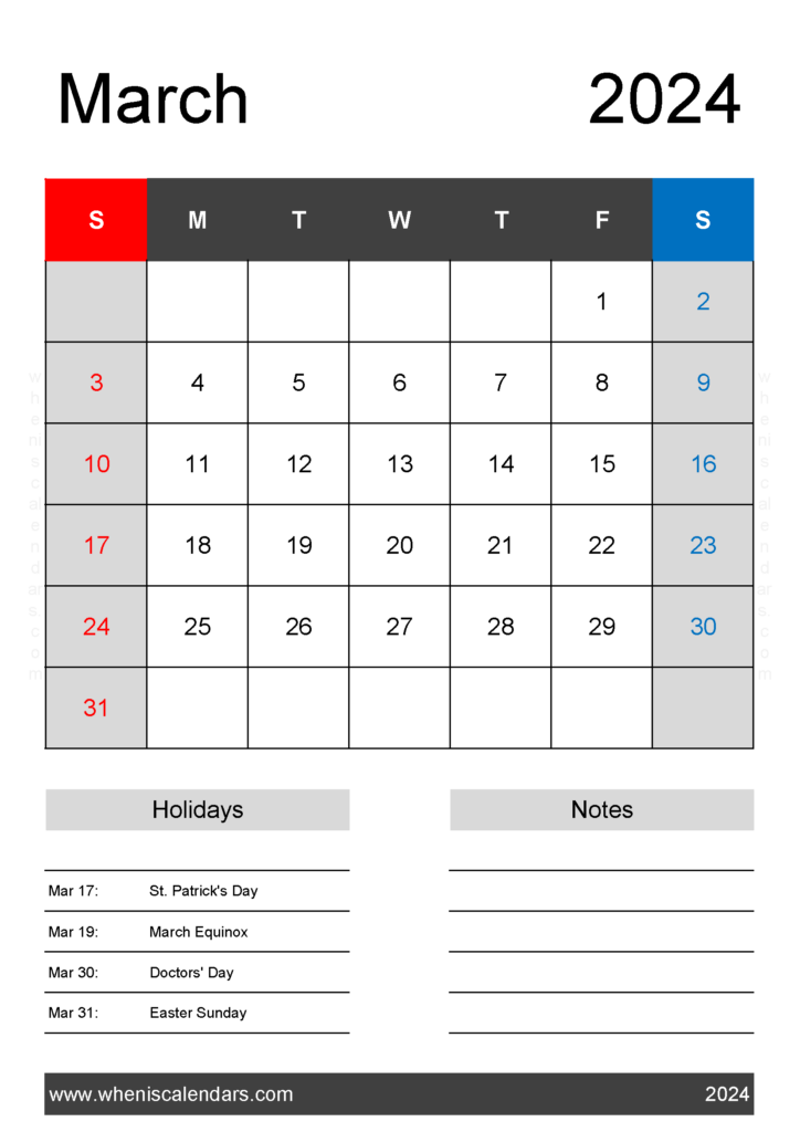 Download print March 2024 Calendar Template A4 Vertical 34142