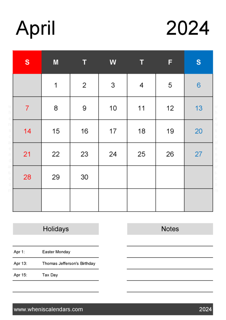 Download print April 2024 Calendar Template A4 Vertical 44142