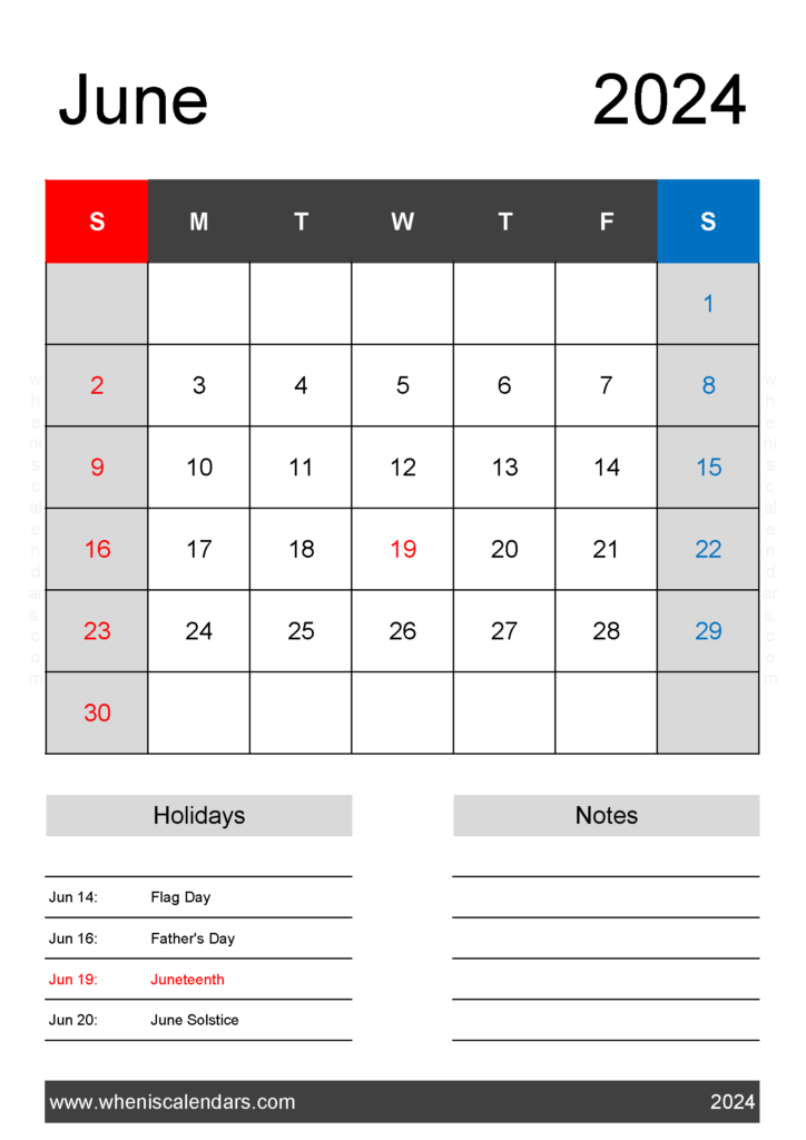 Download print June 2024 Calendar Template A4 Vertical 64142