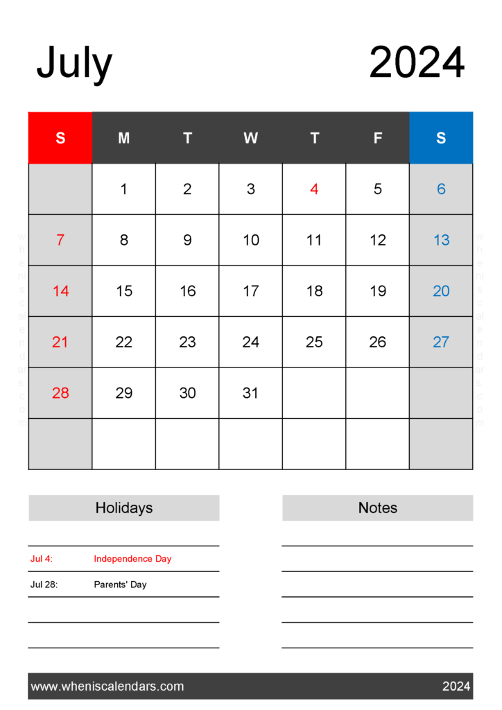 Download print July 2024 Calendar Template A4 Vertical 74142