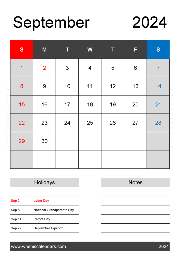 Download print September 2024 Calendar Template A4 Vertical 94142