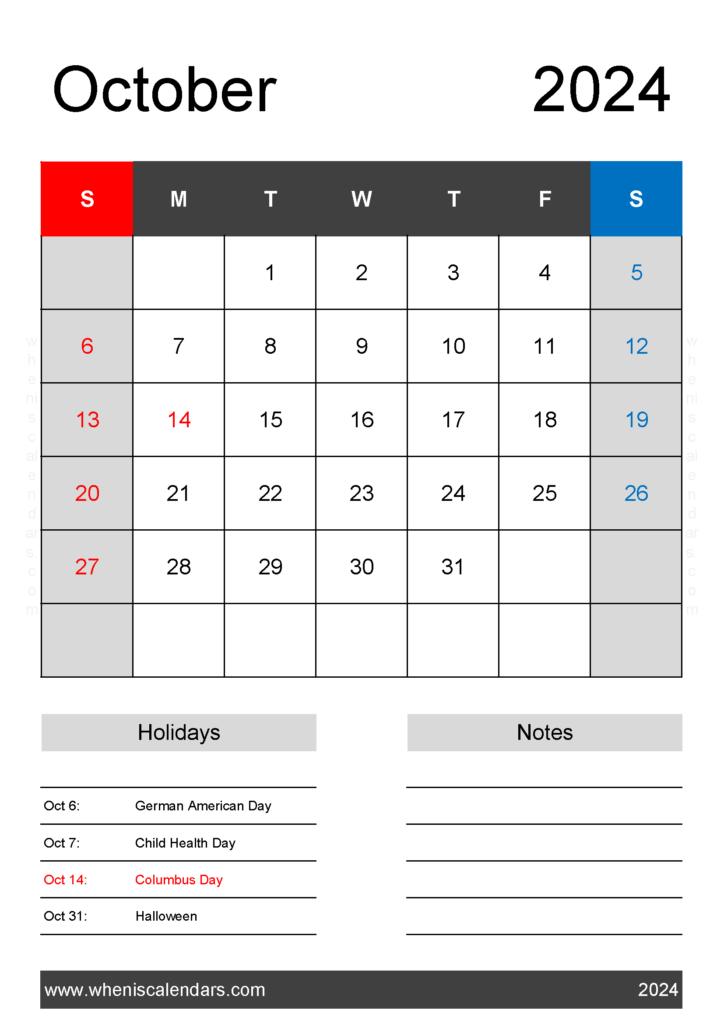 Download print October 2024 Calendar Template A4 Vertical 104142