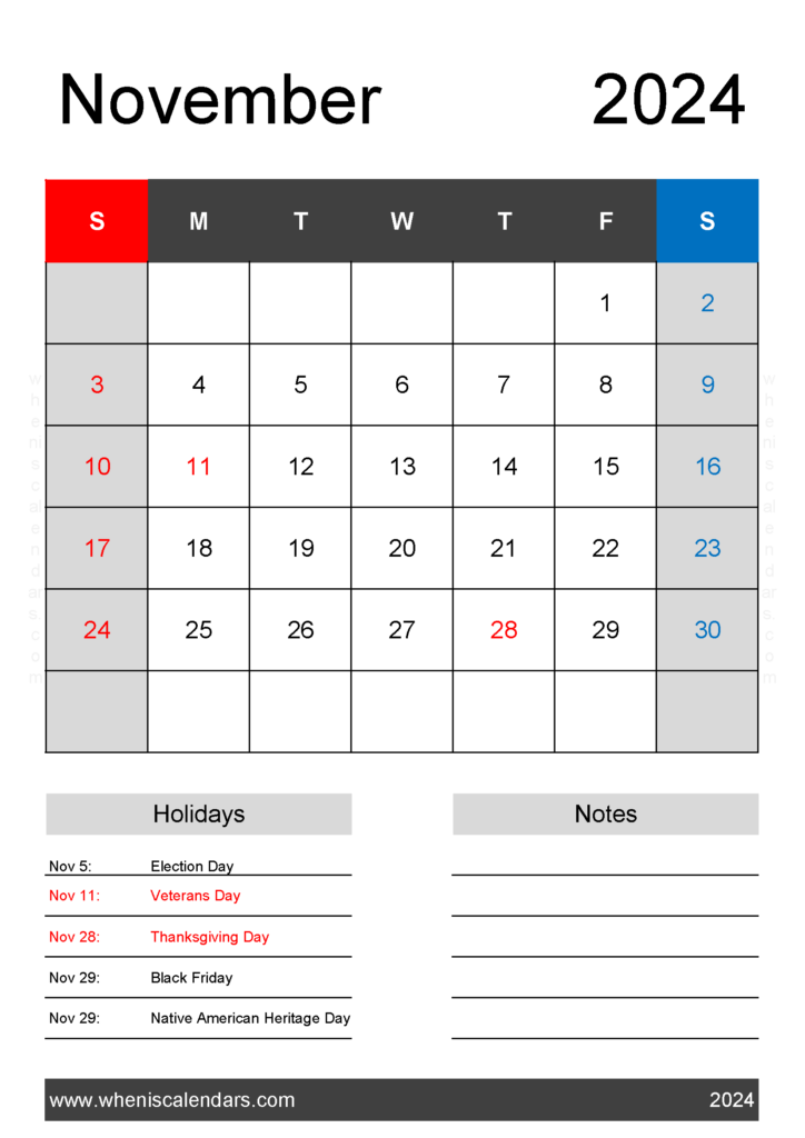 Download print November 2024 Calendar Template A4 Vertical 114142