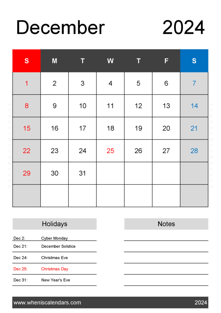 Download print December 2024 Calendar Template A4 Vertical 124142
