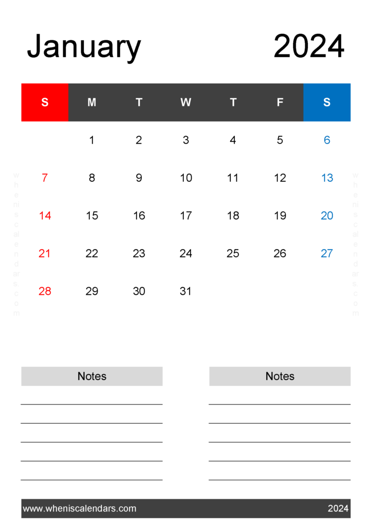 Download Printable month Calendar January 2024 A4 Vertical J4223
