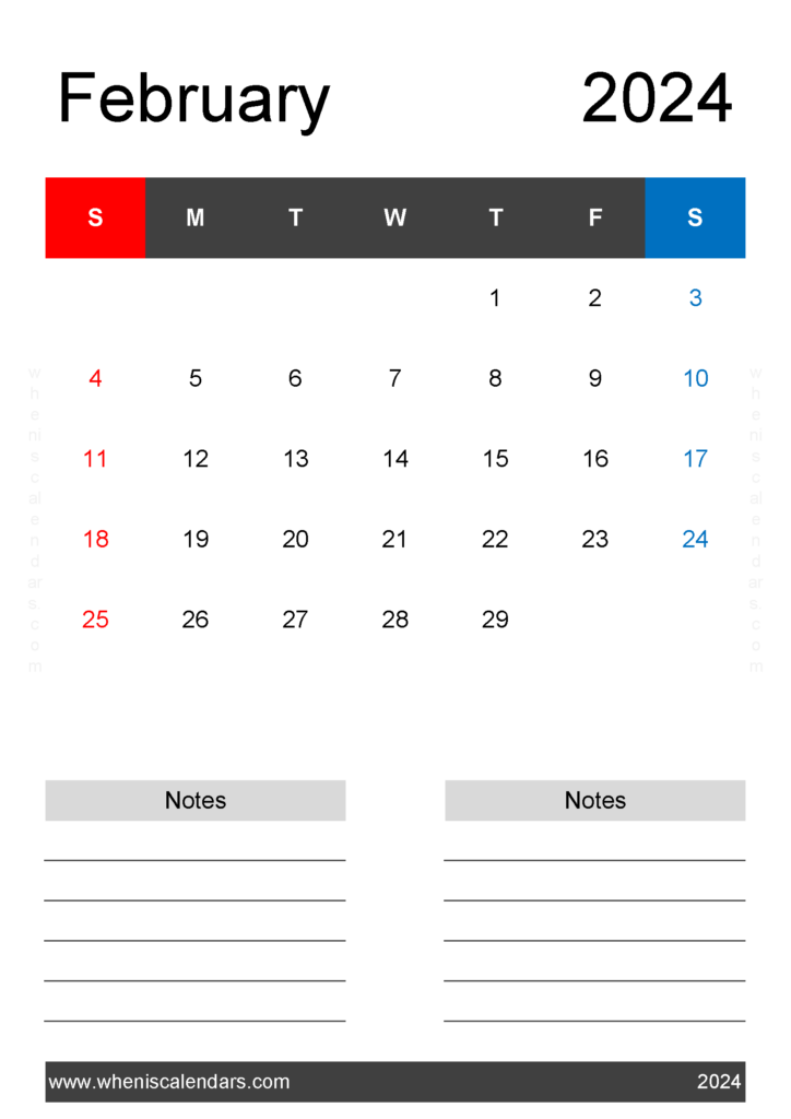 Download Printable month Calendar February 2024 A4 Vertical 24223
