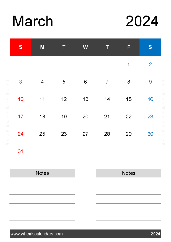 Download Printable month Calendar March 2024 A4 Vertical 34223