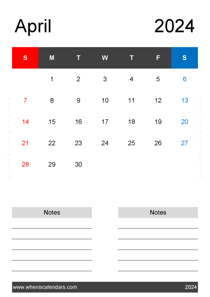 Download Printable month Calendar April 2024 A4 Vertical 44223