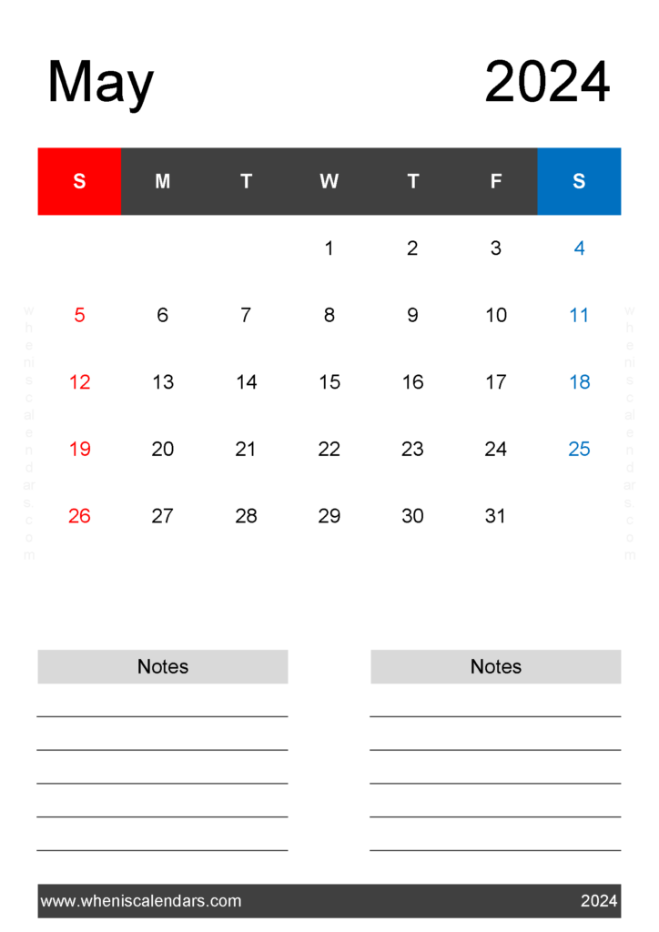 Download Printable month Calendar May 2024 A4 Vertical 54223