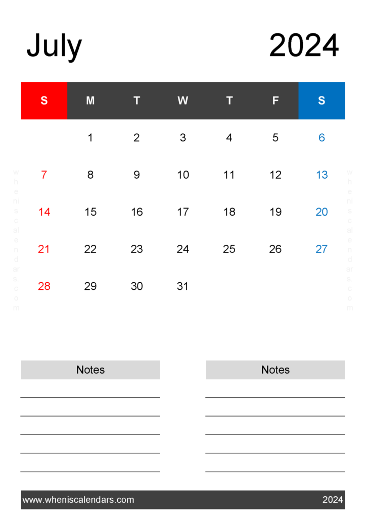 Download Printable month Calendar July 2024 A4 Vertical 74223