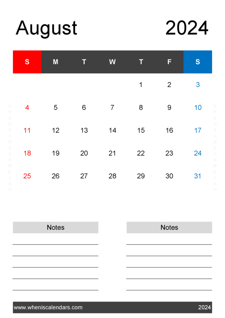 Download Printable month Calendar August 2024 A4 Vertical 84223