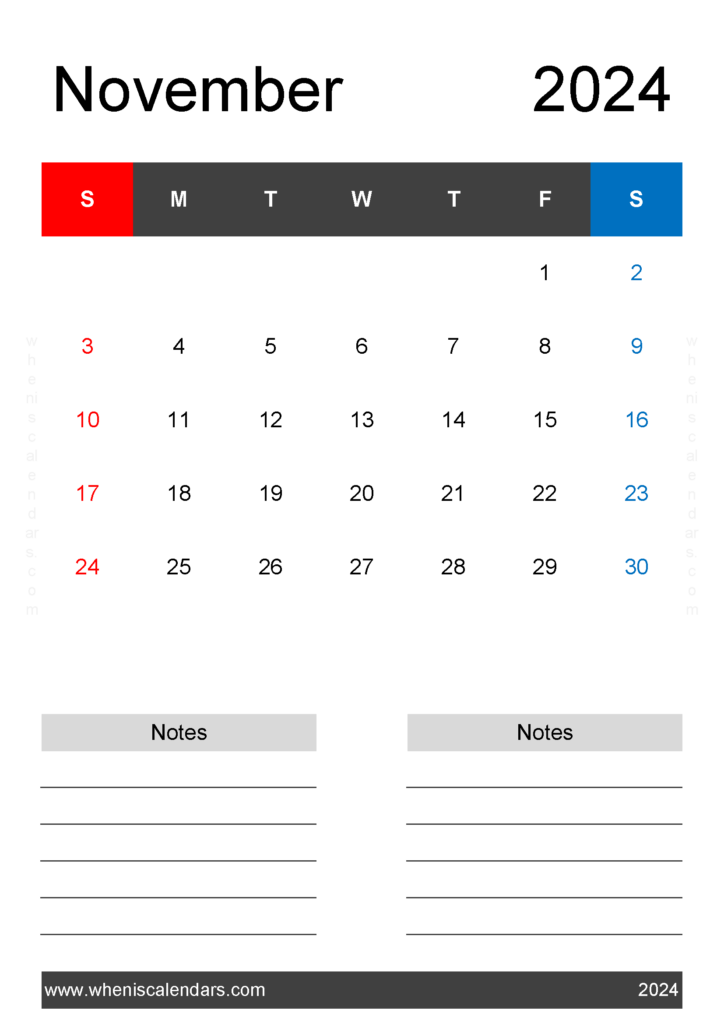Download Printable month Calendar November 2024 A4 Vertical 114223