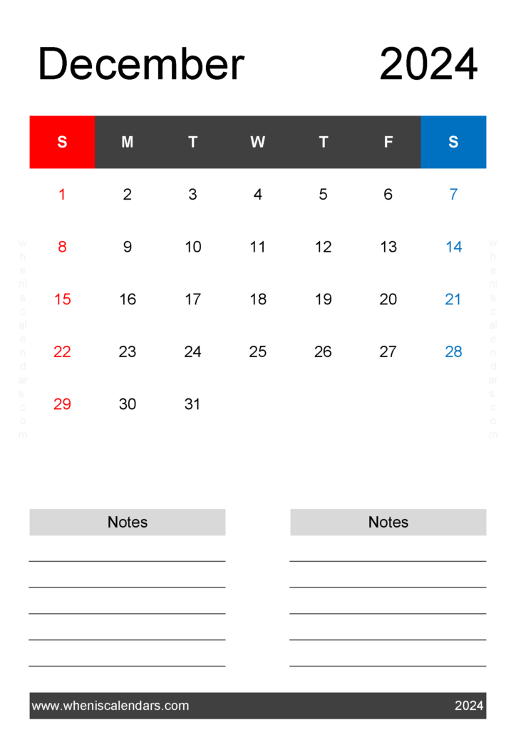 Download Printable month Calendar December 2024 A4 Vertical 124223