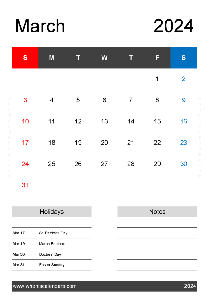 Download March Calendar 2024 Free A4 Vertical 34143